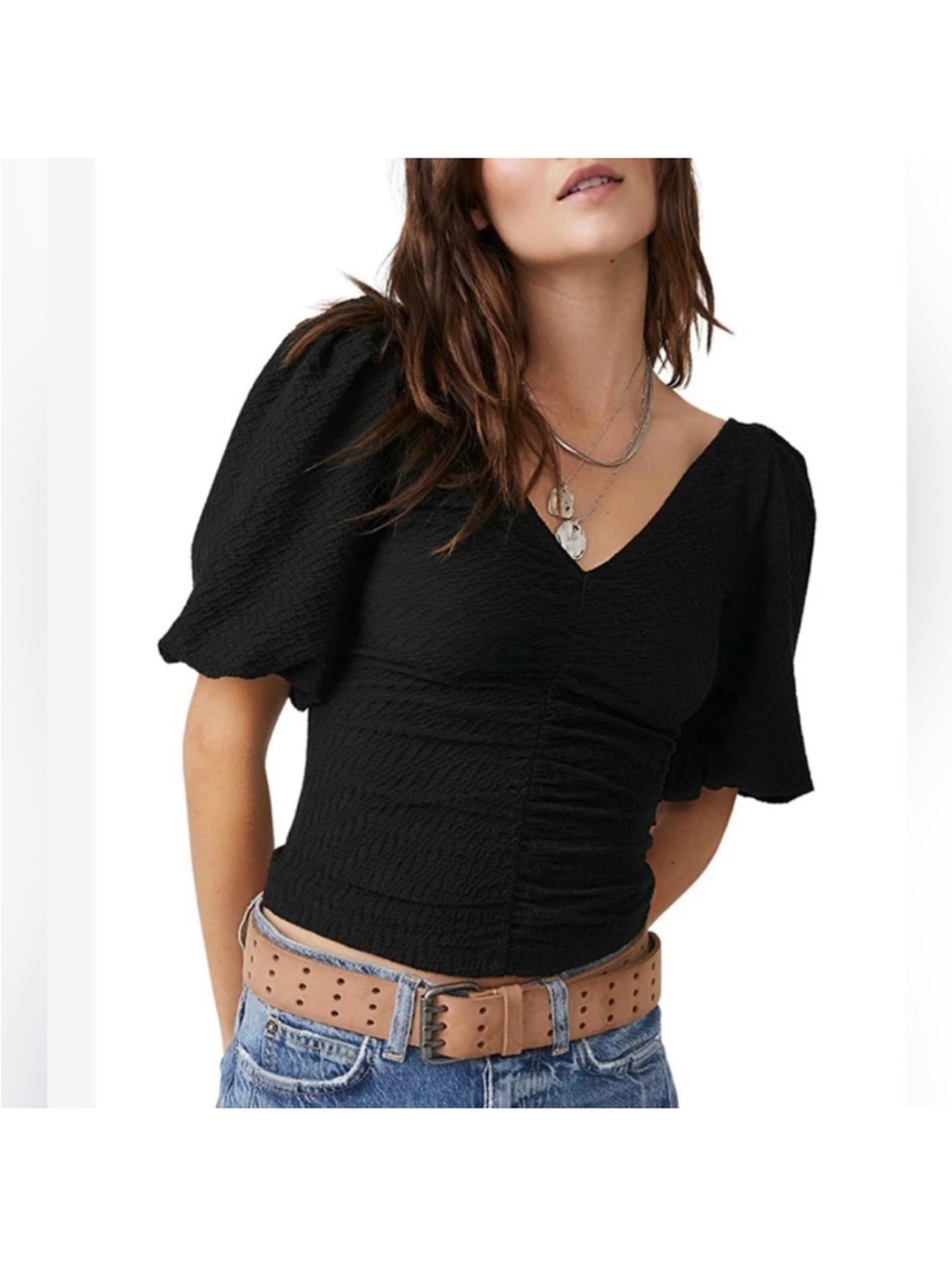 Free People Cupcake Top Ruched Puff Sleeve Black Textured Popcorn V-Neck Blouse